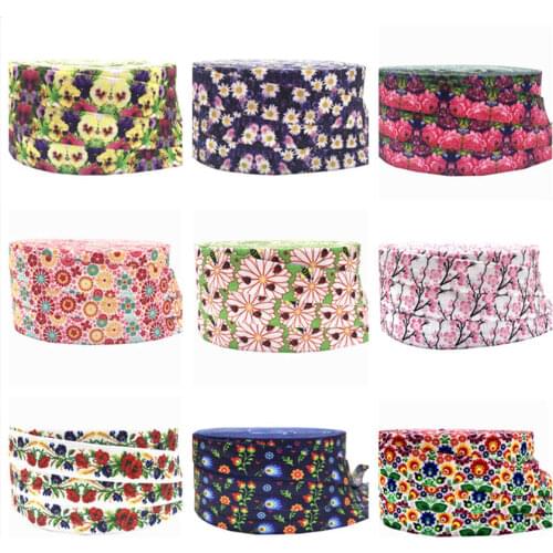 10Yards 5/8 inch Flowers print Fold over elastic Stretchy FOE girls' hair tie accessories DIY handmade webbing headband