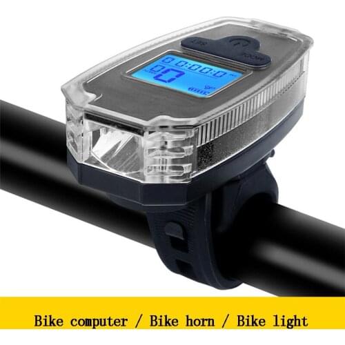 Multi-function Bike Computer Bicycle Headlight USB Flashlight 120dB Horn LCD Display Speedometer Rechargeable Front Light