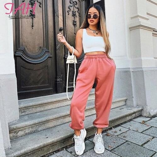 IAMHOTTY Solid Basic Sporty Style Womens Pants High Waisted Loose Harajuku Joggers Women Sweatpants Pocket Baggy Fashion Trouser