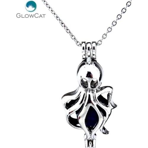 K185 Silver Oysters Cage Sea Octopus Locket Pendant Necklace Stainless Chain Aroma Essential Oil Diffuser Locket
