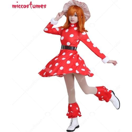 My Hero Academia Kinoko Komori Shemage Cosplay Costume Red Mushroom Turtleneck Dress White Fly Agaric Pattern Outfit with Hat