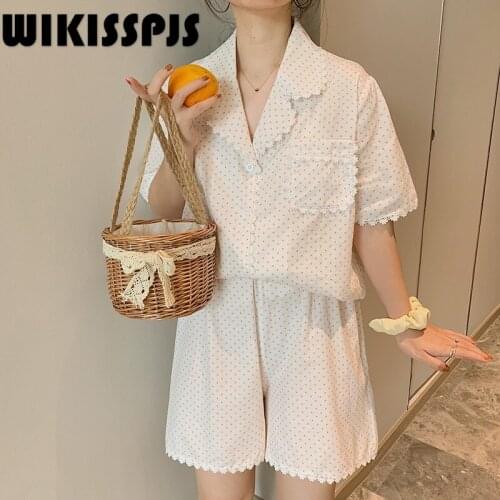 2021 Summer New Color Wavelet Points Lace Short Sleeve Pajamas for Teen Girls Two Piece Set Summer Loungewear Sleepwear