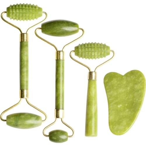 Face Massager Green Jade Roller Natural Stone Gouache Scraper Facial Skin Care Tools For Face Beauty Roller Massagers Set Gift