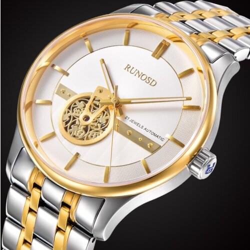 Mens Watch RUNOSD Classic Fashion Hollow Dial Miyota Automatic Mechanical Sapphire Crystal Stainless Steel Strap 8191G