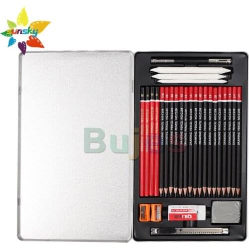QILI 30 PCS 2B sketch pencil set 2H wood pen charcoal pen soft medium hard student art sketch painting iron box art supplies set