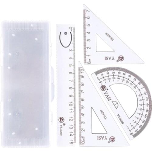 Student Steel Scale Ruler Set Triangular Ruler Protractor Straight Ruler w/ Clear Case for Students Draftsman Engineers