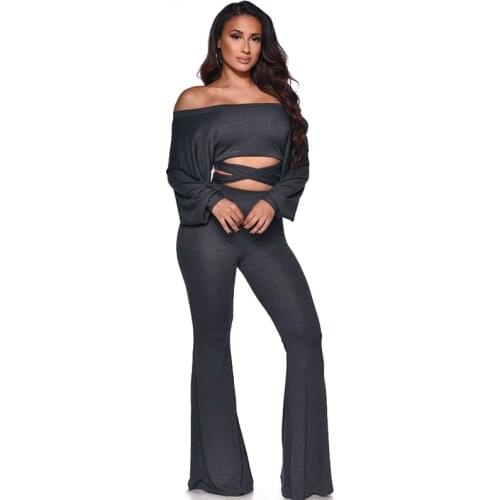 Adogirl Autumn Casual Solid Color Women Set Slash Neck Full Sleeve Lace Up Tops Flare Pants Two Pieces Set Tracksuits Streetwear