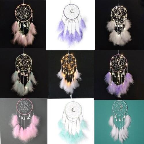 Girl Heart Gift Nordic Style Handmade Dream Catcher Feather Home Decor With Light Wall Hanging Ornament Multi-Color Decoration