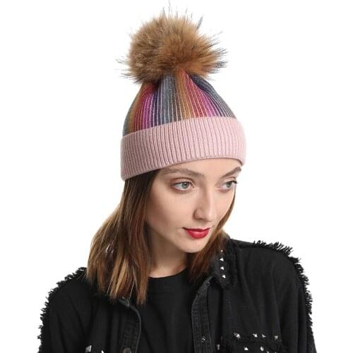 Rainbow Metalllic Print Beanie Real Fur Pompom Winter Hat For Women Girls Fashion Casual Hip Hop Cap Wool Knitted Skullies Hat