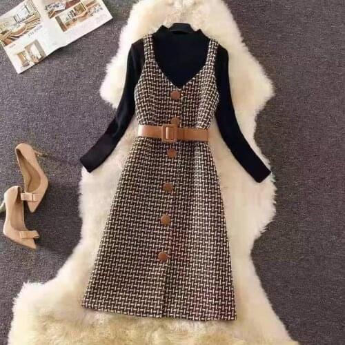 Streetwear Two Piece Dress Women Autumn Winter Sweater Wool Knee Length Dresses With Belt Plus Size Elegant Party Dress Vestidos