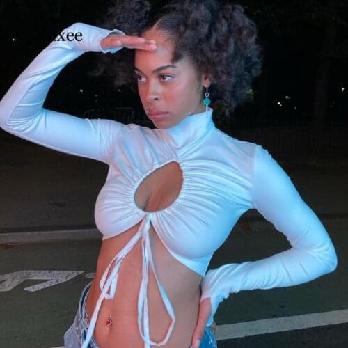 Women Sexy Hollow T-Shirt Drawstring Lace Up Spring Autumn Turtleneck Ruched Base Tops Street Party Clubwear Outfits Bodycon