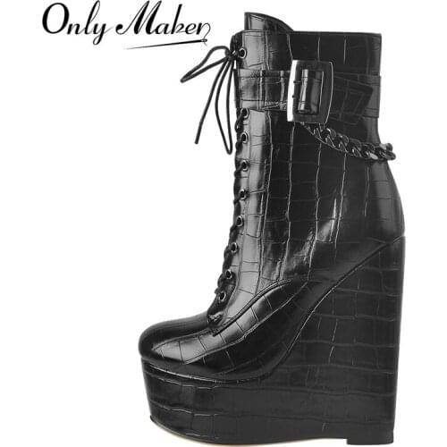 Onlymaker Winter Women Lace-Up Ankle Boots Platform Matte Black Flock Metal Chain Buckle Wedges High Heel Boots Zipper Big Size