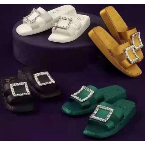 Koovan Womens Rhinstone Slippers Summer Of 2021 The New Girls Shoes Diamond Square Buckle Shoes Flat Silk Candy Wear Sandals