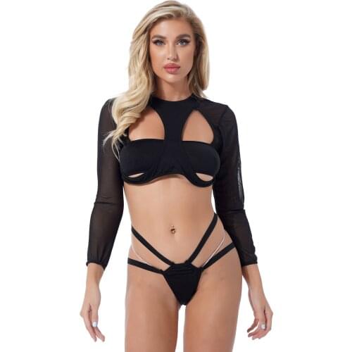 Womens Swimwear Bathing Suit Long Sleeve O Neck Cutout Vest Tank with Hollow Out Bikini Briefs See-through Mesh Lingeire Suit