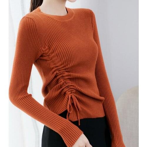 Fall Winter Knit Sweater Women Solid Jumpers Tops Casual O-Neck Long Sleeve Slim Irregular Drawstring Pullover Female Clothing