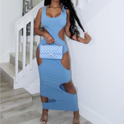 Solid Hole Cut Out Dress Women Sleeveless Long Maxi Dress O-Neck Bodycon Sexy Party Club Casual 2021 Spring Summer Vestidos