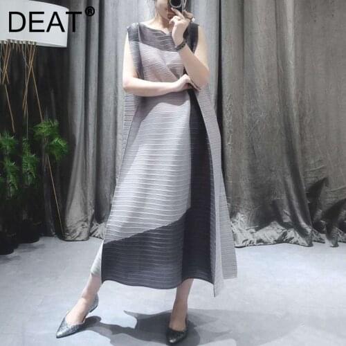 DEAT Women Pleated Dress Hit Color Sleeveless Round Collar Long Dresses Elegant Loose Casual Style 2021 New Summer 15XF042