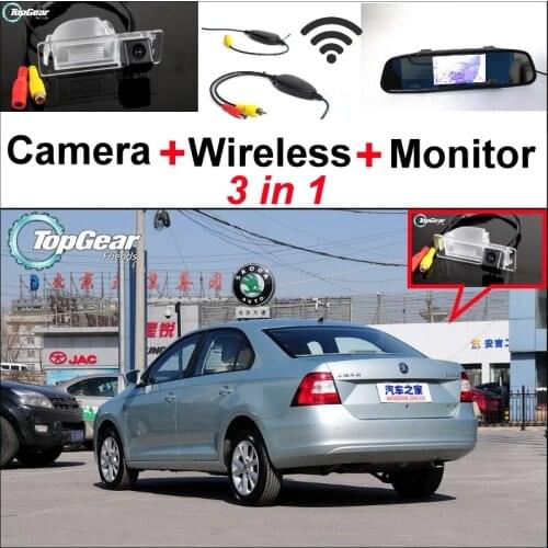 3 in1 Special Rear View Camera + Wireless Receiver + Mirror Monitor Easy Back Up Parking System For Skoda Rapid Sedan 2012~2015