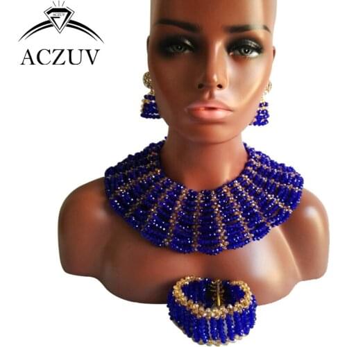 ACZUV Brand Royal Blue Gold Crystal African Nigerian Jewelry Set for Women Bridal Party Wedding Accessories AS001