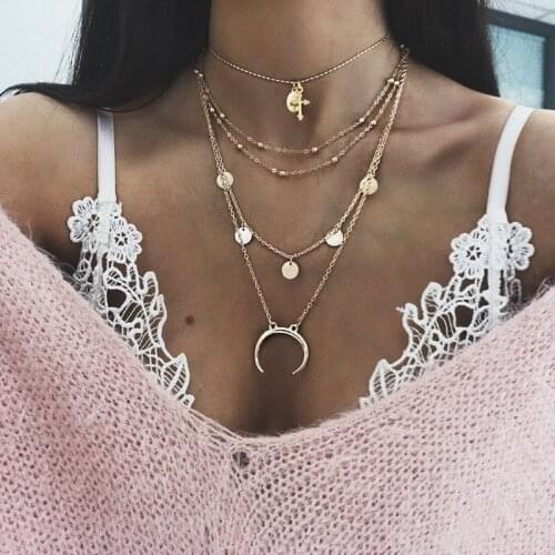 Bohemian Multi-layer Moon Star Necklace for Women Gold Color 2021 Vintage Pendants Necklaces Geometry Chokers Jewelry Gift
