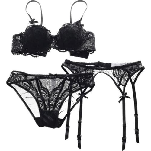Black Lace Sexy Bra Brief Garter Belt 3pcs/2pcs Set for Female/Lady Solid Color 1/2 Cup Underwire Womens Underwear BRB010