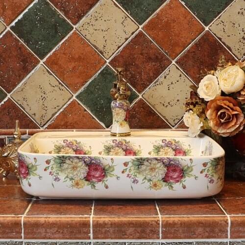Europe style chinese washbasin sink Jingdezhen Art Counter Top ceramic wash basin rose pattern bathroom sink