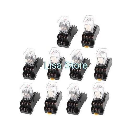 HH54PL AC380V Coil 4PDT Red Lamp Electromagnetic Power Relay w Socket Base 10Pcs