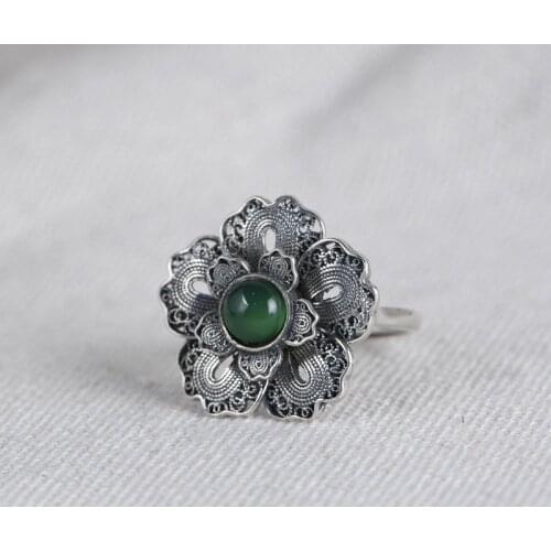 FNJ Big Flower Ring 925 Silver Adjustable Original S925 Solid Silver Rings for Women Jewelry Green Yellow Chalcedony