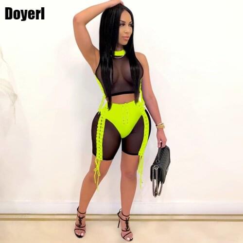 Sheer Mesh Sexy Two Piece Set Women Clothing Sets Summer Crop Top Biker Shorts Festival Bodycon 2 Piece Club Outfits for Women