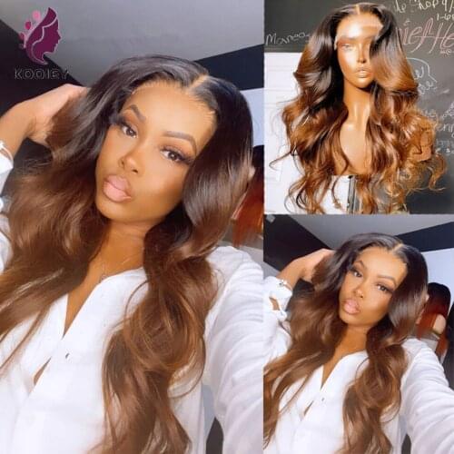Brown Ombre Colored Body Wave Transparent 13x4 Lace Front Pre Plucked Wig Peruvian Virgin Human Hair Wigs For Black Women
