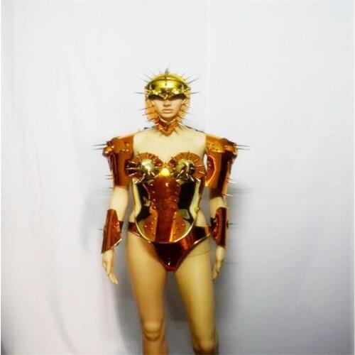 EC731 Ballroom dance costumes party stage show dress bodysuit dj wears rivets robot suit female bodysuit gold mirror outfits bar