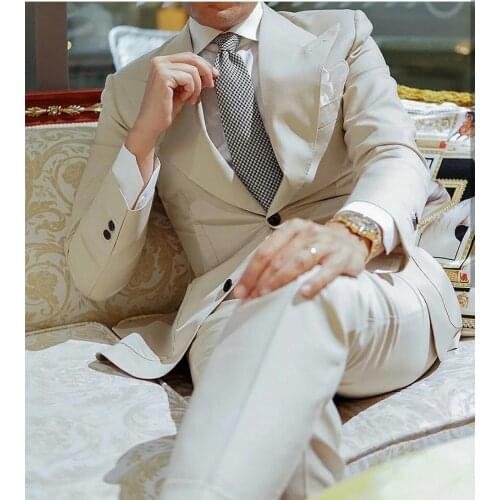 Handsome Beige Wedding Tuxedos High Quality Slim Mens Groom Suits Peaked Lapel Two Button Prom Party Blazer Jacket(jacket+pants)