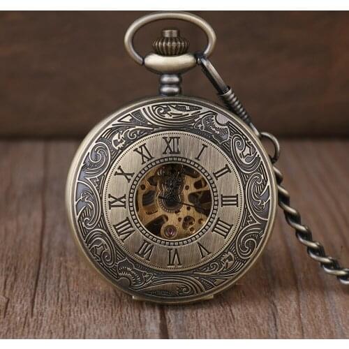 Stlish Vintage Bronze Mechanical Pocket Watch Rome Style Automatic Skeleton Single Open Creative Carving Hand-winding Fob Watche