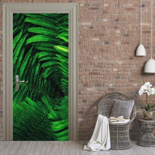 Hot Door Mural Green Leaf Door Sticker DIY Self-adhesive Waterproof Wallpaper Poste for Home Decoration Gift