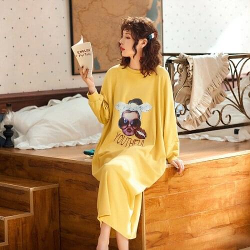 Spring Autumn New Long Cotton Nightdress Womens Lounge O-Neck Nightgown Cute Cartoon Print Home Dress Full Sleeve Sleepwear