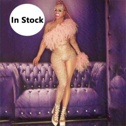 Sexy Print Rhinestone Bodysuit Pink Yarn Single-Sleeved One-Leg Jumpsuit Female Singer Dance Team Gogo Costume Stage Wear XS2563