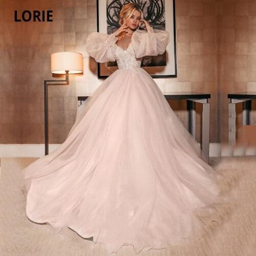 LORIE Sparky Wedding Dresses Puff Sleeve Appliques Lace off Shoulder Shiny Tulle A-Line Boho Bride Gown 2021 vestidos de novia