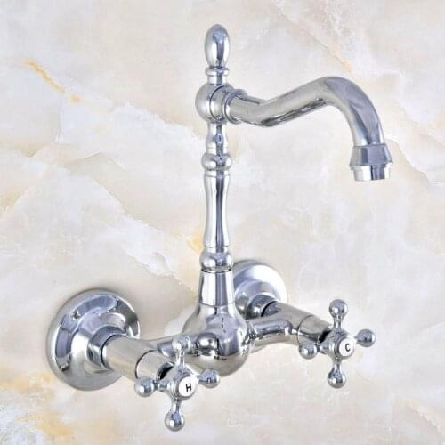 Polished Chrome Brass Wall Mounted Bathroom Kitchen Sink Faucet Swivel Spout Mixer Tap Dual Cross Handles mnf582