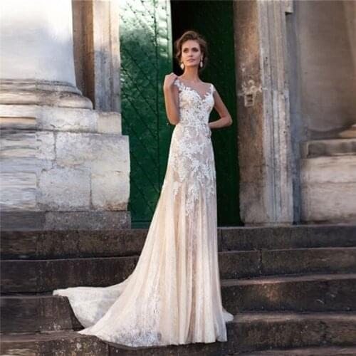 Sheer Illusion Mermaid Lace Appliques Slim Women Wedding Dress Bridal Gowns Natural Slim Waistline Fashion Bride Gown Custom