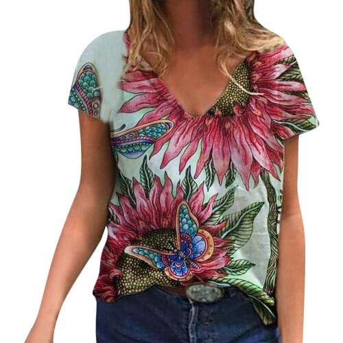 Plus Size Women Short Sleeve floral Printed V-Neck Tops Tee T-Shirt Blouse vetemznt femme crop top chemisier femme