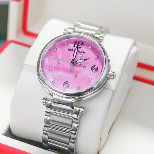 Reef Tiger/ RT Pink Dial Fashion Diamond Women Watches Stainless Steel Bracelet Automatic Luxury Watch RGA1584