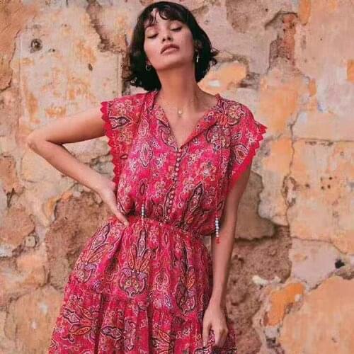 Romantic Paisley Floral Pattern Cape Flare Sleeve Tiered Silk Dress Red Beaded Drawstring Chiffon Beach Maxi Cut-Out Vacay Gown
