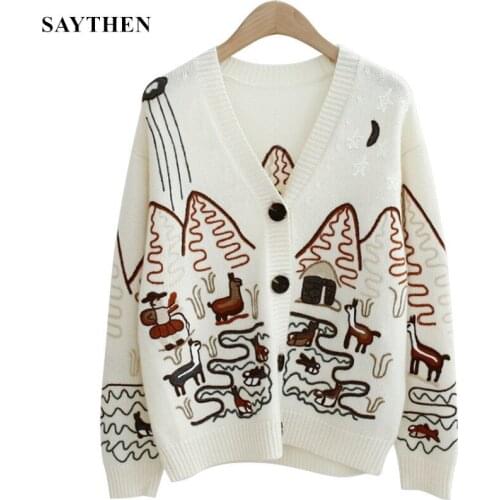 SAYTHEN 2021 Spring High Quality Fashion Embroidery V-Neck Oversized Cardigan Long Sleeve Single Breasted Button Knitted Sweater