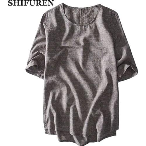 SHIFUREN Men Linen and Cotton Shirts Half Sleeve Striped Collarless Shirts Soft Comfortable Social Male Dress Shirts Size M-XXXL