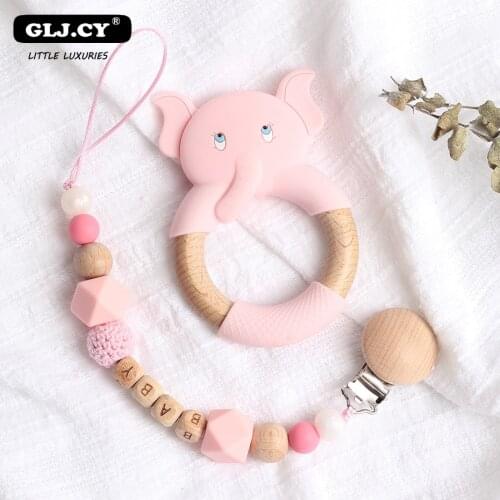 Personalized Baby pacifier clip Silicone Elephant Sheep Pendant Teething Nursing wooden Dummy Chain holder newborn baby Gift