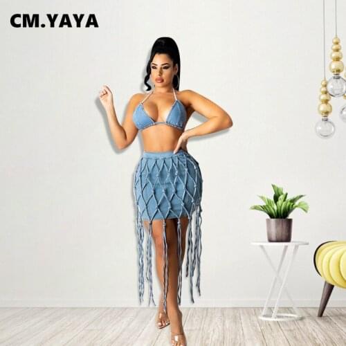 CM.YAYA Women Denim Set Halter Bandage Bra Tops Zip Mini Skirts Braid Rope Two 2 Piece Sets Sexy Fashion Outfit Summer 2021