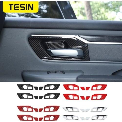 TESIN ABS Carbon Fiber Car Inner Door Handle Bowl Decoration Cover Stickers for Dodge RAM 1500 2018-2020 Interior Accessories