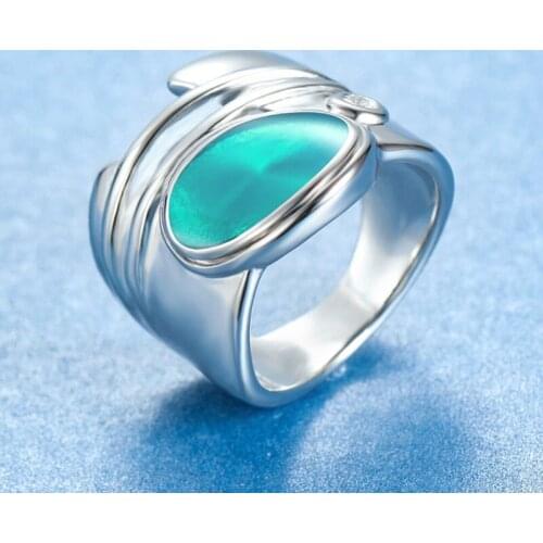 Vintage Big Green Blue Zircon Finger Ring Luxury Female Male Silver Color Wedding Ring Fashion Party Promise Rings For Women