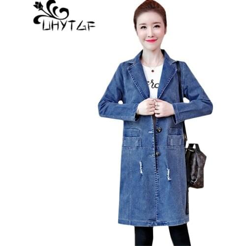 UHYTGF Women windbreaker Spring autumn denim jacket Solid color Wild loose plus size coat Fashion hole slim long Jeans jacket131