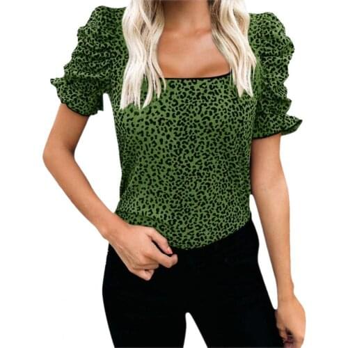 Women T-shirt Ruffled Leopard Short Sleeve Loose leopard print ruffled short sleeve square neck Tops Summer oversized T-shirt
